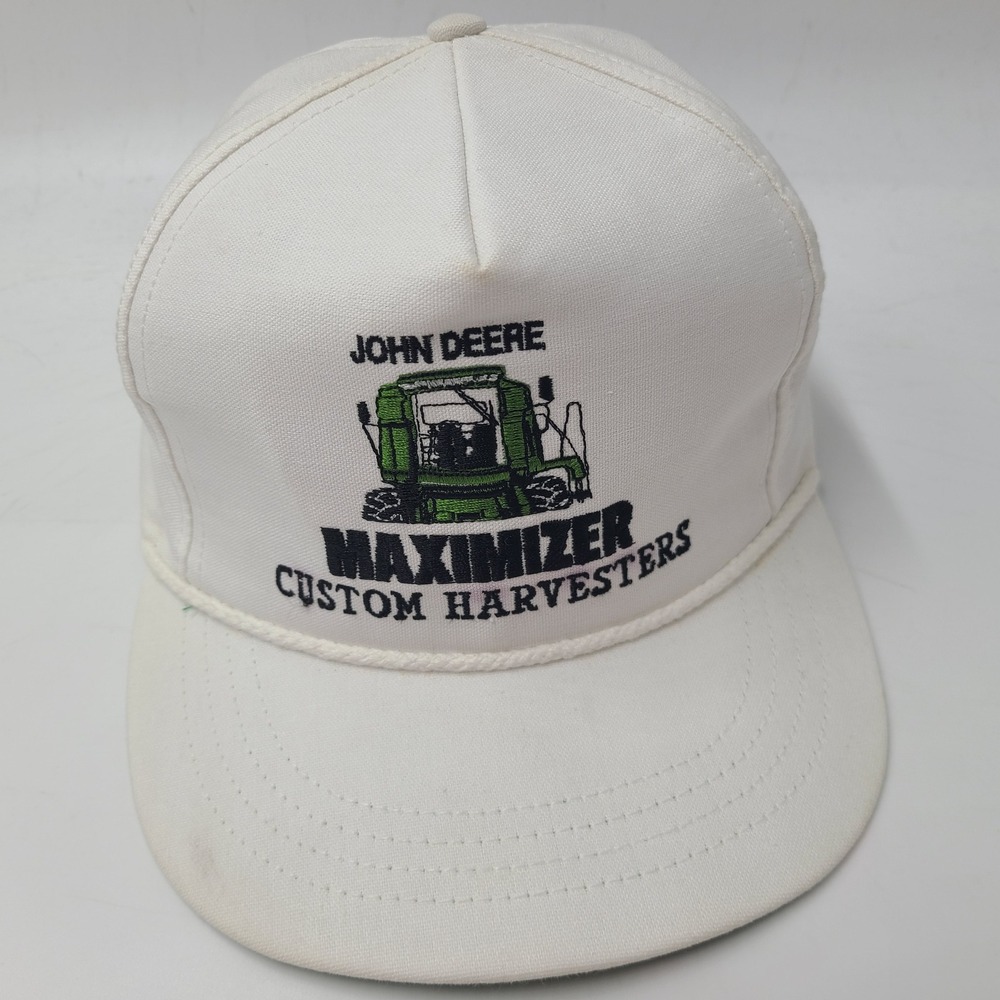 Vintage John Deere Hat Strapback (Fits Small) White Maximizer Custom Harvesters